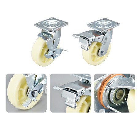 Heavy duty white PP material casters 4/5/6/8 inch multi specification fixed flat universal with side brake industrial casters