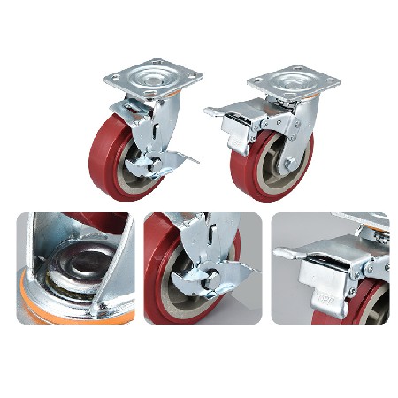 Heavy duty square edged jujube red PVC material casters 4/5/6/8 inch multi specification fixed universal with side brake heavy-duty casters